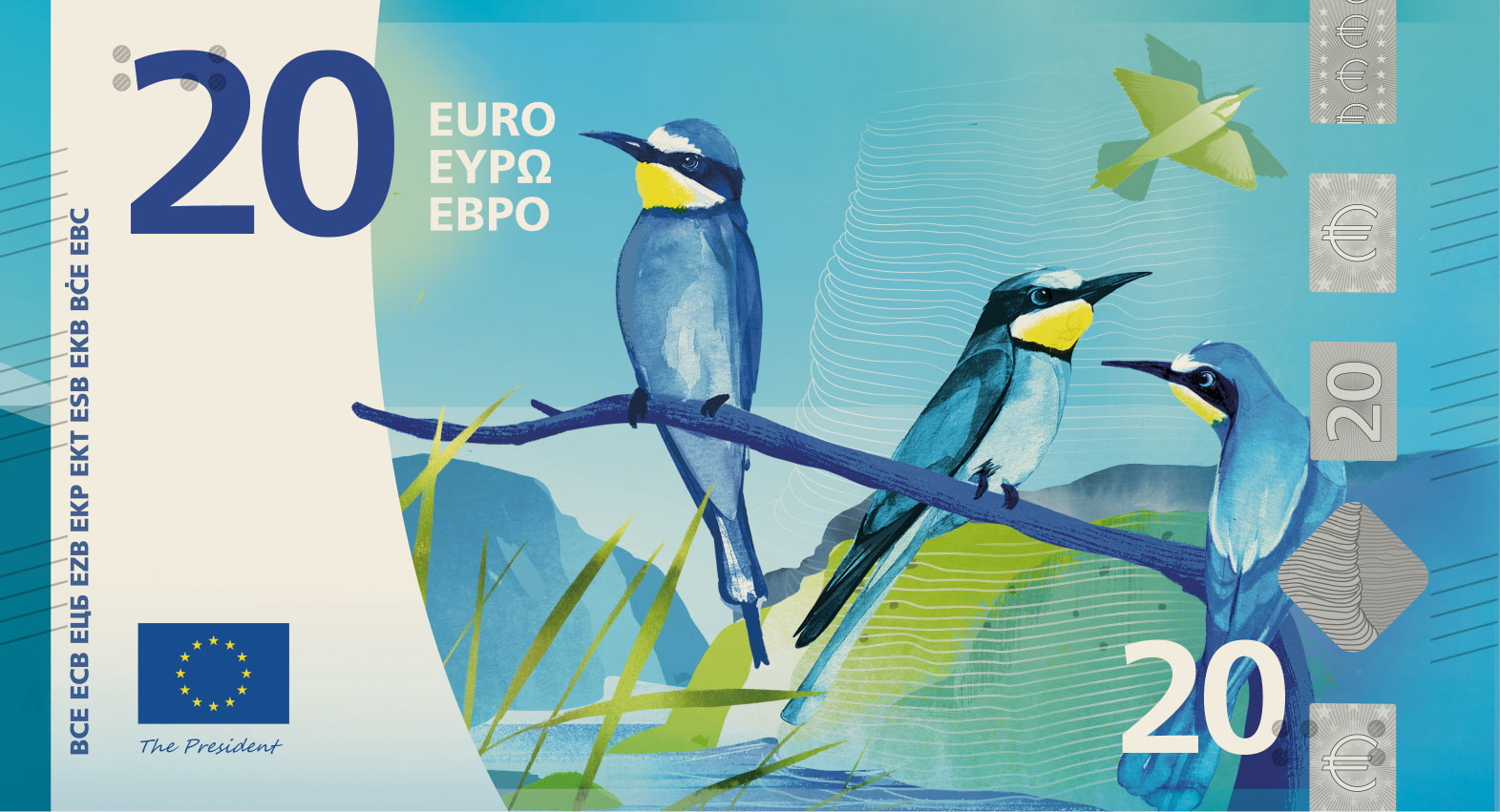 This image is part of design proposal H, created by Atelier Goppel-Toperngpong, and has been shortlisted by the ECB as a potential design for the third euro banknote series. An independent jury selected it as part of a design contest run by the ECB from Summer 2025 to Summer 2026, during which designers across the EU were invited to create design proposals for the themes "European Culture" or "Rivers and birds".

Copyright: European Central Bank 2026
 
Conditions of use
The images depict design proposals for possible future euro banknotes. They do not depict issued euro banknotes and must not be presented as final or approved future designs.
The images are protected by intellectual property rights and are made available for information, editorial, educational and news-reporting purposes only.
Unless expressly authorised in writing by the European Central Bank, the images may not be:
used for commercial, advertising, promotional or merchandising purposes, including on clothing, products, packaging or other goods or services;
altered, adapted, incorporated into other designs or used to create derivative works;
used in a manner suggesting endorsement, sponsorship or association by the European Central Bank or the Eurosystem;
used in a misleading, deceptive, unlawful or offensive context; or
used in any manner that may adversely affect the reputation, interests or rig