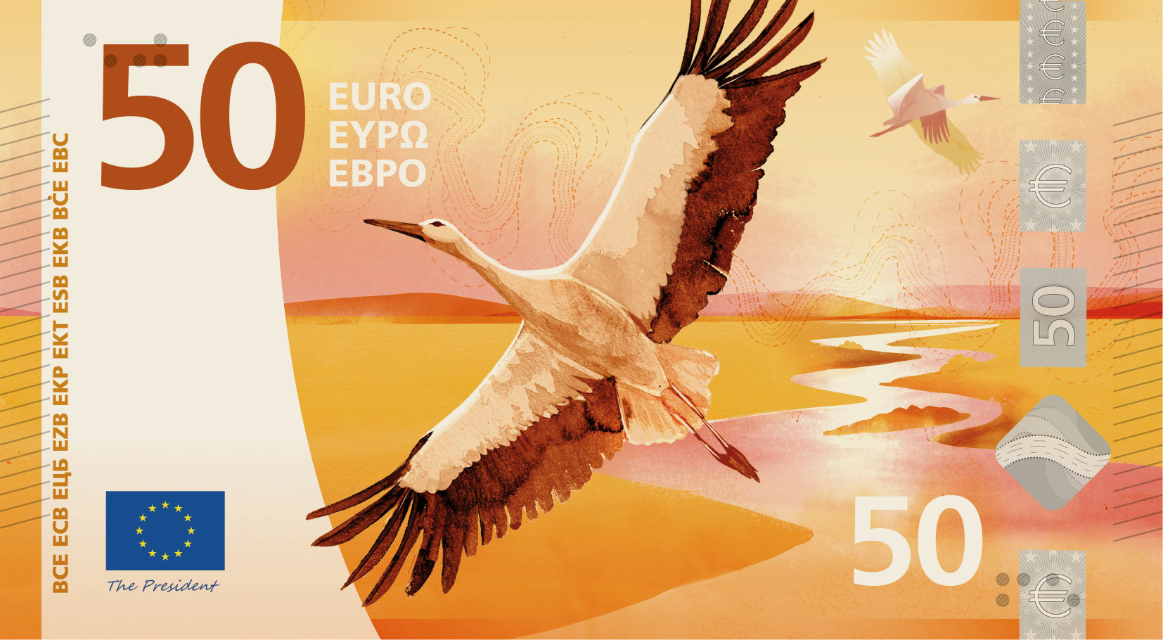 This image is part of design proposal H, created by Atelier Goppel-Toperngpong, and has been shortlisted by the ECB as a potential design for the third euro banknote series. An independent jury selected it as part of a design contest run by the ECB from Summer 2025 to Summer 2026, during which designers across the EU were invited to create design proposals for the themes "European Culture" or "Rivers and birds".

Copyright: European Central Bank 2026
 
Conditions of use
The images depict design proposals for possible future euro banknotes. They do not depict issued euro banknotes and must not be presented as final or approved future designs.
The images are protected by intellectual property rights and are made available for information, editorial, educational and news-reporting purposes only.
Unless expressly authorised in writing by the European Central Bank, the images may not be:
used for commercial, advertising, promotional or merchandising purposes, including on clothing, products, packaging or other goods or services;
altered, adapted, incorporated into other designs or used to create derivative works;
used in a manner suggesting endorsement, sponsorship or association by the European Central Bank or the Eurosystem;
used in a misleading, deceptive, unlawful or offensive context; or
used in any manner that may adversely affect the reputation, interests or rig